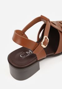 Renee - Brązowe Sandały na Stożku Ozdobione Geometryczną Cholewką Peripe. Okazja: na imprezę. Zapięcie: sprzączka. Kolor: brązowy. Materiał: jeans. Wzór: geometria, aplikacja. Sezon: lato. Obcas: na stożku #5