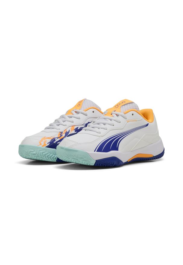 Puma - Młodzieżowe buty do padla NOVA Smash PUMA White Vivid Blue Safe Lake Heat Fire. Okazja: na co dzień. Kolor: niebieski, wielokolorowy, biały. Materiał: guma, syntetyk, tkanina, materiał