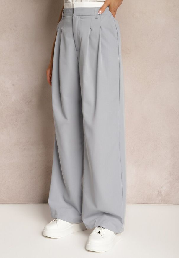 Renee - Szare Spodnie z Szerokimi Nogawkami w Kant Kavina. Okazja: na co dzień. Stan: podwyższony. Kolor: szary. Materiał: wiskoza. Styl: klasyczny, casual, elegancki