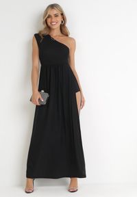 Born2be - Czarna Asymetryczna Sukienka Maxi z Rozkloszowanym Dołem i Wycięciem z Brokatem Acaisa. Kolor: czarny. Materiał: wiskoza, materiał. Typ sukienki: asymetryczne. Długość: maxi #1