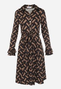 Born2be - Brązowa Sukienka Koszulowa w Geometryczny Wzór Looroc. Okazja: do pracy, na spotkanie biznesowe. Typ kołnierza: dekolt w serek. Kolor: brązowy. Długość rękawa: długi rękaw. Wzór: geometria. Typ sukienki: koszulowe. Styl: biznesowy, klasyczny #5