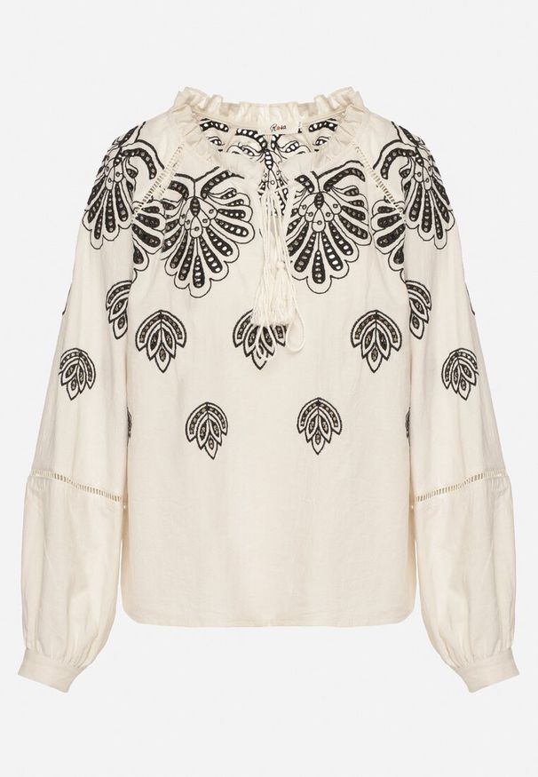 Born2be - Beżowa Bawełniana Bluzka ze Wzorem Boho Nilowena. Okazja: na co dzień. Kolor: beżowy. Materiał: bawełna. Wzór: aplikacja. Styl: boho