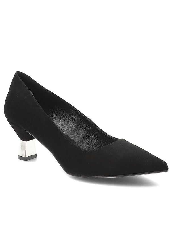 CheBello - Czarne Czółenka Chebello Zamszowe Obuwie Damskie Na Obcasie. Kolor: czarny. Materiał: zamsz. Wzór: geometria. Obcas: na obcasie. Styl: wizytowy, klasyczny. Wysokość obcasa: niski