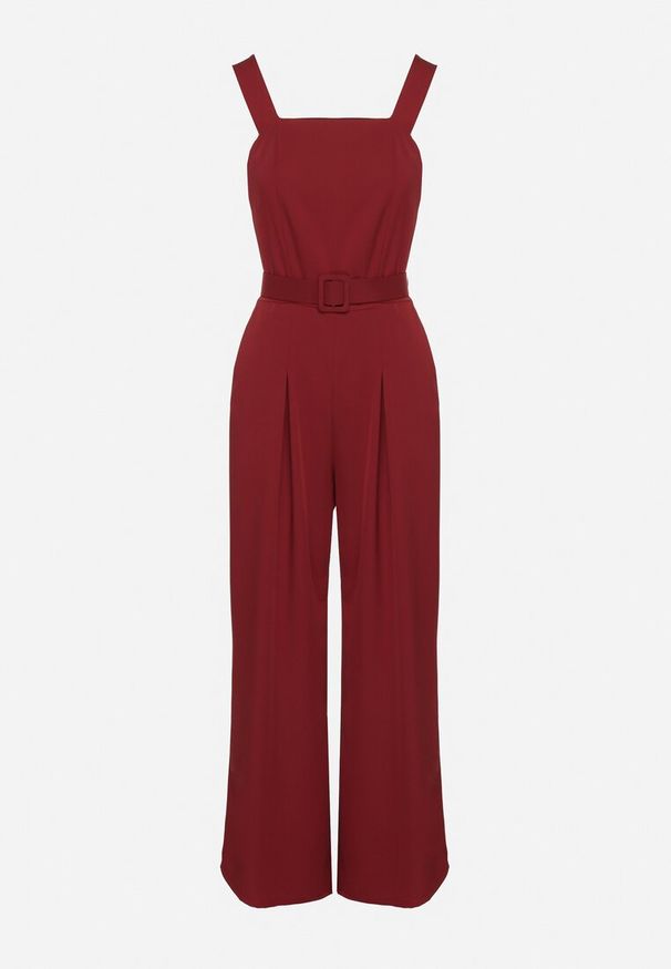 Born2be - Bordowy Taliowany Kombinezon z Ozdobnym Paskiem i Klamrą Doloriela. Kolor: czerwony. Styl: elegancki