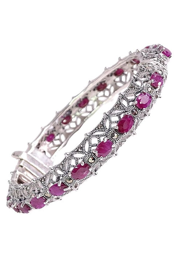 Braccatta - VENUS Srebrna bransoletka markazyty rubiny ażur bangle 10 ct.. Materiał: srebrne. Kolor: srebrny. Wzór: ażurowy. Kamień szlachetny: markazyt, rubin