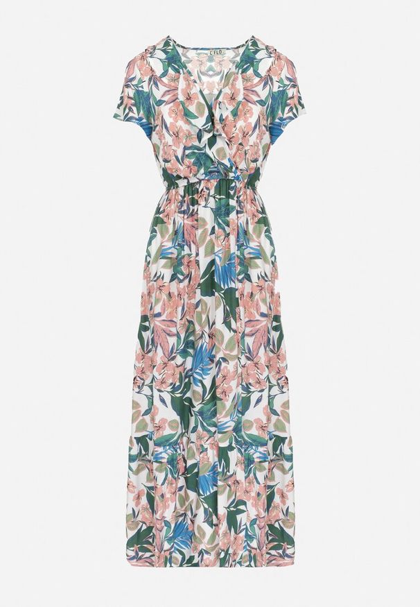 Born2be - Biało-Zielona Sukienka w Kwiaty z Wiskozy z Kopertowym Dekoltem Narma. Typ kołnierza: dekolt kopertowy. Kolor: biały. Materiał: wiskoza. Długość rękawa: krótki rękaw. Wzór: kwiaty. Typ sukienki: kopertowe. Długość: maxi