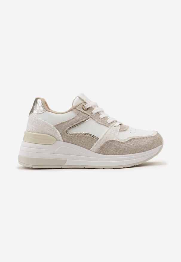 Renee - Beżowo-Białe Sneakersy na Niskim Koturnie z Materiałowymi Wstawkami Aquamarine. Nosek buta: okrągły. Zapięcie: sznurówki. Kolor: beżowy. Materiał: materiał. Obcas: na koturnie. Wysokość obcasa: średni