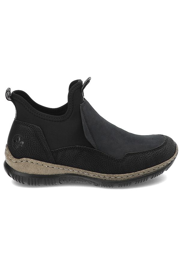 Czarne Botki Rieker Modne Wsuwane Obuwie Damskie. Okazja: na co dzień, na spacer. Zapięcie: bez zapięcia. Kolor: czarny. Materiał: materiał. Wzór: aplikacja. Styl: casual