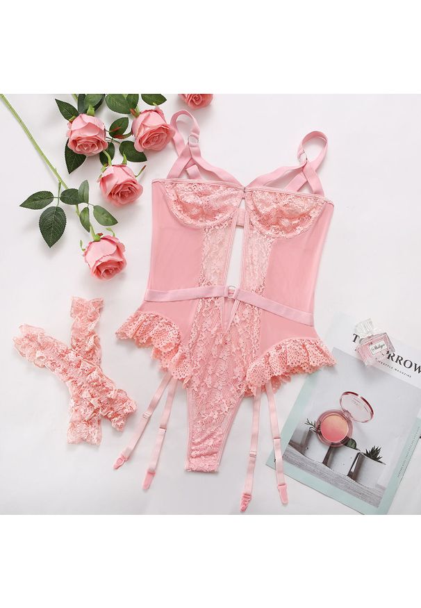 Intica - Body koronkowe z falbankami na specjalne okazje Ascenza. Kolor: różowy. Materiał: koronka. Wzór: koronka