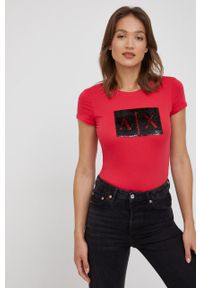 Armani Exchange t-shirt bawełniany kolor czerwony. Kolor: czerwony. Materiał: bawełna. Długość rękawa: krótki rękaw. Długość: krótkie. Wzór: aplikacja