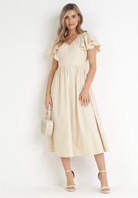 Born2be - Beżowa Sukienka Midi z Falbanami przy Ramionach Happisa. Typ kołnierza: kołnierz z falbankami. Kolor: beżowy. Styl: elegancki. Długość: midi #1