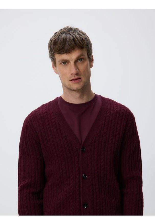 Reserved - Wełniany kardigan - bordowy. Kolor: czerwony. Materiał: wełna