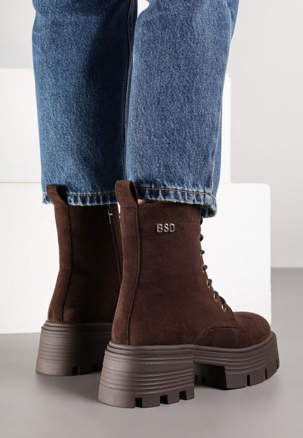 Born2be - Brązowe Sznurowane Botki Workery na Platformie Xaliefra. Nosek buta: okrągły. Zapięcie: sznurówki. Kolor: brązowy. Materiał: jeans, skóra. Obcas: na platformie. Styl: elegancki, rockowy
