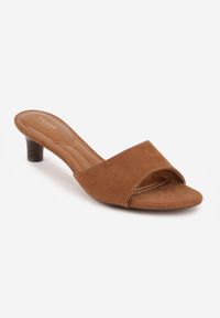 Renee - Brązowe Klapki VICES na Obcasie Typu Kaczuszka z Imitacji Drewna Sacredgem. Okazja: do pracy. Kolor: brązowy. Materiał: jeans. Obcas: na obcasie. Wysokość obcasa: średni #2