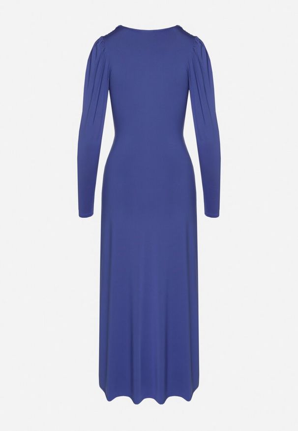 Born2be - Niebieska Elegancka Sukienka Kopertowa Ozdobiona Marszczeniami Zainara. Okazja: na spotkanie biznesowe, na imprezę. Typ kołnierza: dekolt kopertowy. Kolor: niebieski. Długość rękawa: długi rękaw. Wzór: aplikacja. Typ sukienki: kopertowe. Styl: elegancki