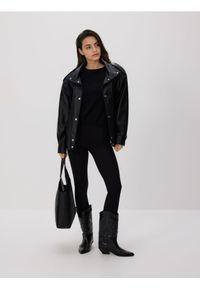 Reserved - Legginsy z ozdobną taśmą - czarny. Kolor: czarny. Materiał: wiskoza, dzianina #1