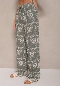 Renee - Ciemnozielone Spodnie o Szerokim Kroju High Waist Ozdobione Haftem Issedi. Okazja: na co dzień. Stan: podwyższony. Kolor: zielony. Wzór: haft, aplikacja. Styl: casual #3