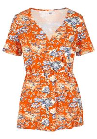 Shirt kopertowy z krótkim rękawem i zaznaczoną talią, bawełna organiczna bonprix czerwono-pomarańczowy w kwiaty. Kolor: pomarańczowy. Materiał: bawełna. Długość rękawa: krótki rękaw. Długość: krótkie. Wzór: kwiaty #1