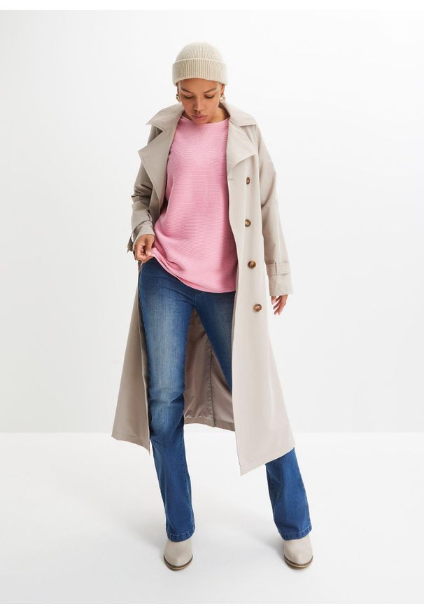 bonprix - Sweter oversize w prążek, z materiału z domieszką wiskozy. Kolor: różowy. Materiał: wiskoza, materiał. Wzór: prążki