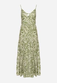 Born2be - Zielona Sukienka z Bawełną i Wiskozą na Cienkich Ramiączkach z Regulacją z Paskiem Dimite. Kolor: zielony. Materiał: bawełna, wiskoza. Długość rękawa: na ramiączkach. Wzór: aplikacja. Styl: klasyczny #3