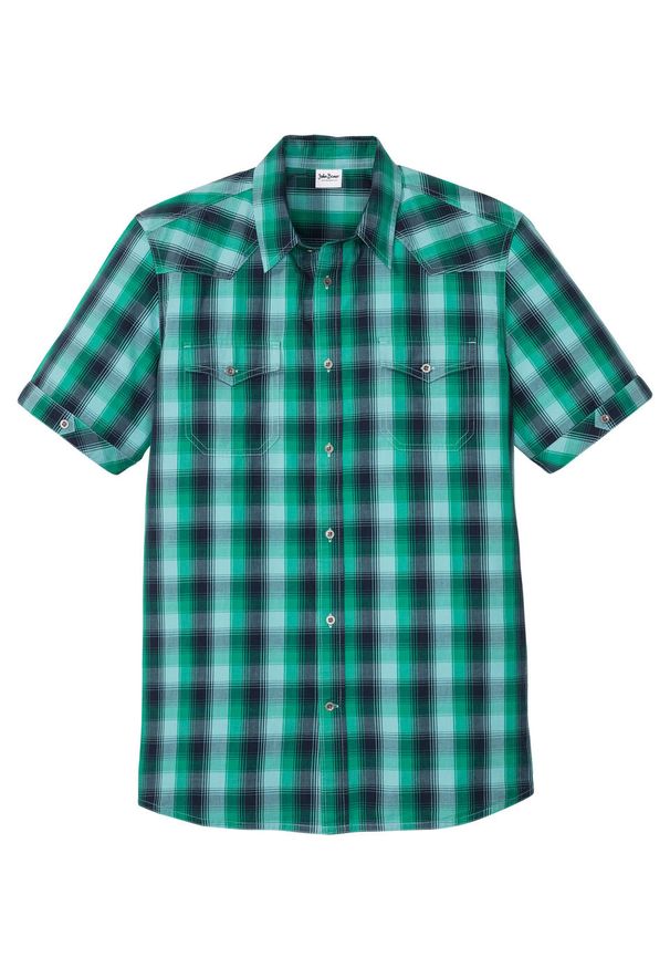 Koszula z krótkim rękawem i naszywanymi kieszeniami bonprix ciemnoniebiesko-zielony morski w kratę. Kolor: niebieski. Długość rękawa: krótki rękaw. Długość: krótkie
