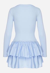 Born2be - Niebieska Rozkloszowana Sukienka z Długim Rękawem i Falbanką Reonaria. Okazja: na co dzień. Kolor: niebieski. Długość rękawa: długi rękaw. Styl: casual, elegancki #2