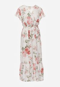 Renee - Biała Sukienka w Kwiaty o Kopertowym Kroju z Wiązanym Paskiem Iphene. Okazja: na randkę. Kolor: biały. Materiał: wiskoza. Wzór: kwiaty. Typ sukienki: kopertowe #7