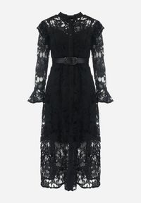 Born2be - Czarna Sukienka Maxi Koronkowa z Paskiem z Ekoskóry Dodatkowo Halka Fesumma. Kolor: czarny. Materiał: koronka. Długość rękawa: na ramiączkach. Długość: maxi #3