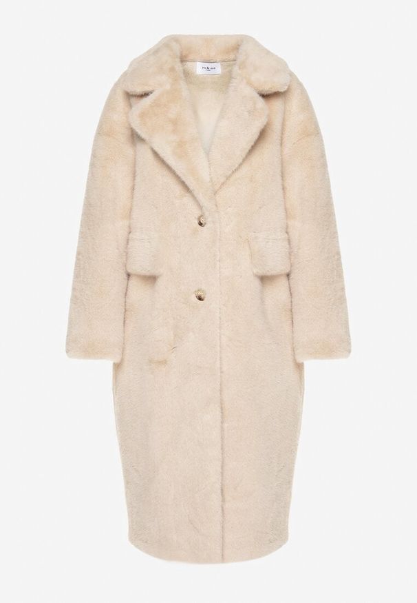 Born2be - Beżowy Futrzany Płaszcz Jednorzędowy z Kieszeniami Zapinany na Guziki Parilda. Okazja: na co dzień. Kolor: beżowy. Materiał: futro. Sezon: zima. Styl: elegancki, casual