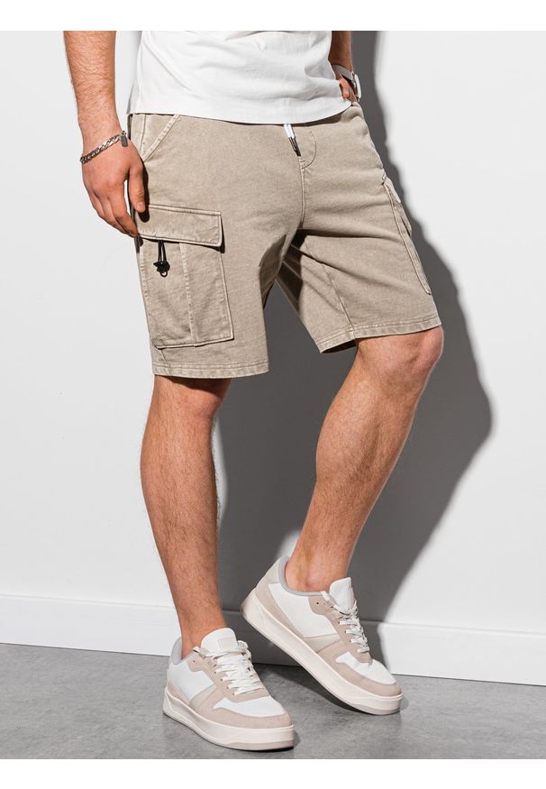 Ombre Clothing - Krótkie spodenki męskie dresowe W292 - jasnobeżowe - XL. Kolor: beżowy. Materiał: dresówka. Długość: krótkie