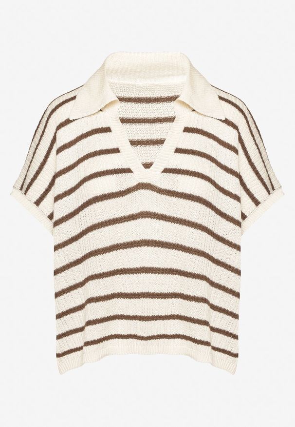 Born2be - Brązowo-Beżowa Dzianinowa Bluzka z Bawełny o Nietoperzowym Kroju z Kołnierzykiem Grinaldia. Okazja: na co dzień. Typ kołnierza: kołnierzyk klasyczny. Kolor: brązowy. Materiał: dzianina, bawełna. Długość rękawa: krótki rękaw. Długość: krótkie. Styl: casual, klasyczny