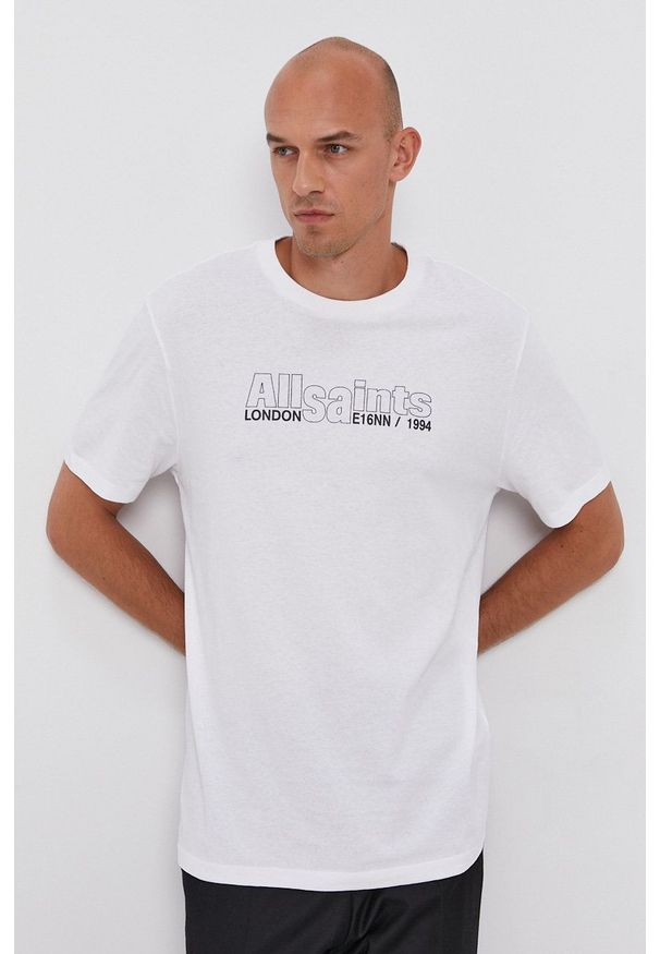 AllSaints T-shirt męski kolor biały z nadrukiem. Okazja: na co dzień. Kolor: biały. Wzór: nadruk. Styl: casual