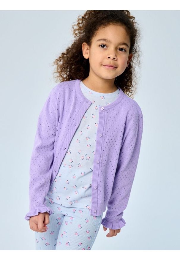 Sinsay - Ażurowy kardigan z ozdobnymi falbanami - fioletowy. Kolor: fioletowy. Wzór: ażurowy
