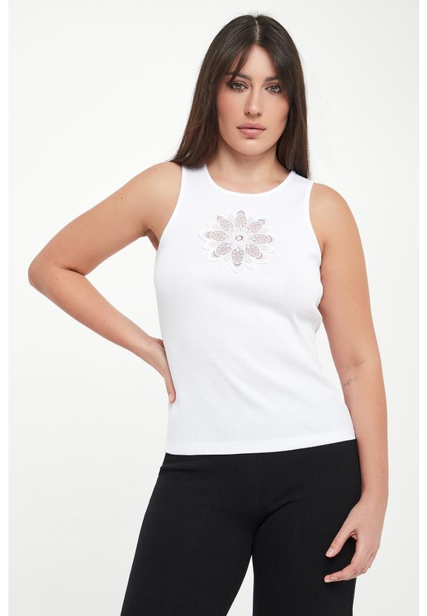 Twinset Milano - Top damski prążkowany z haftem TWINSET. Materiał: prążkowany. Wzór: haft