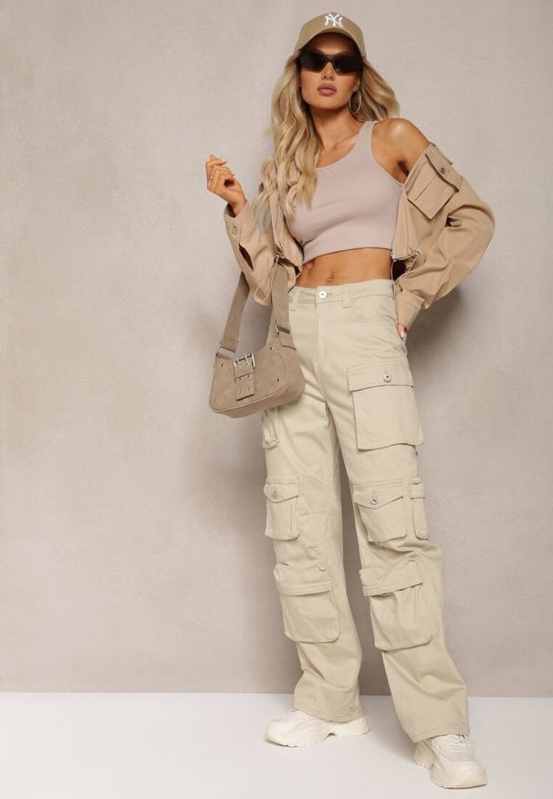 Renee - Jasnobeżowe Bawełniane Spodnie Bojówki High Waist Arcara. Okazja: na co dzień. Stan: podwyższony. Kolor: beżowy. Materiał: bawełna. Styl: elegancki, casual
