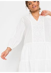 Sukienka tunikowa z ażurowym haftem bonprix biel wełny. Kolor: biały. Materiał: wełna. Wzór: ażurowy, haft #3