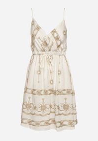 Born2be - Biała Sukienka Boho z Wiskozy na Ramiączkach Zdobiona Metalicznym Haftem Saleriela. Okazja: na spacer, na co dzień. Kolor: biały. Materiał: wiskoza. Długość rękawa: na ramiączkach. Wzór: haft, aplikacja. Typ sukienki: rozkloszowane. Styl: boho #3