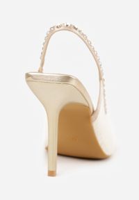 Renee - Złote Sandały Slingback VICES z Siateczki na Szpilce Zdobione Cyrkoniami Aethipe. Nosek buta: otwarty. Kolor: złoty. Materiał: skóra, materiał. Wzór: aplikacja. Sezon: lato. Obcas: na szpilce. Wysokość obcasa: średni #9