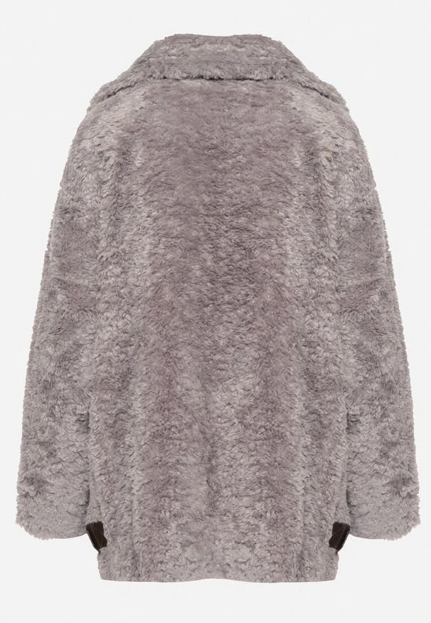 Born2be - Szara Kurtka z Futerka Typu Baranek o Dwurzędowym Kroju z Ozdobnymi Paskami Nikina. Okazja: na co dzień. Kolor: szary. Materiał: futro. Styl: elegancki, casual
