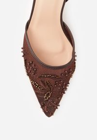 Renee - Brązowe Siateczkowe Czółenka na Szpilce z Haftami i Perełkami Branira. Okazja: na imprezę. Zapięcie: pasek. Kolor: brązowy. Wzór: haft. Obcas: na szpilce. Styl: elegancki #5
