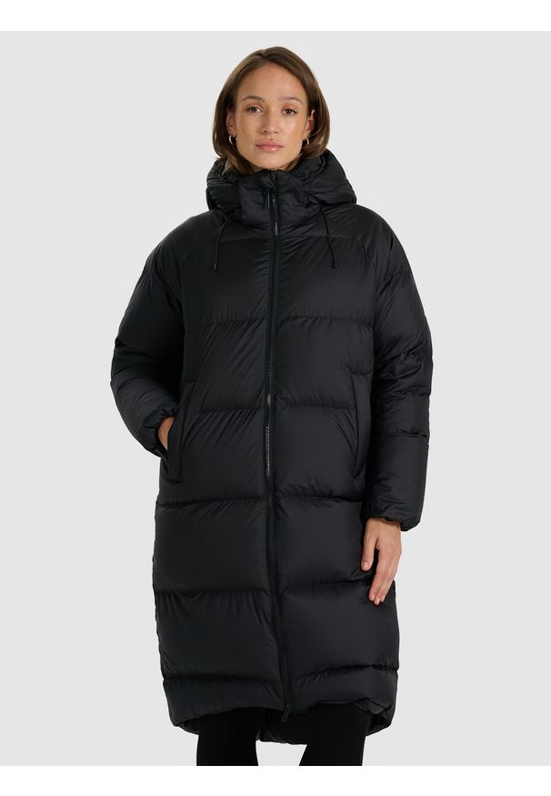 4f - 4F Płaszcz puchowy z wypełnieniem naturalnym damski - czarny XL. Okazja: na co dzień. Kolor: czarny. Materiał: puch. Długość: do kolan. Sezon: zima. Styl: casual