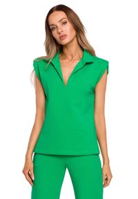MOE - Bluzka w Szpic z Kołnierzykiem - Zielona. Kolor: zielony. Materiał: elastan, bawełna