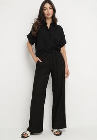 Born2be - Czarne Szerokie Spodnie z Lnem z Gumką w Talii i Kieszeniami Filisela. Okazja: na co dzień, do pracy. Kolor: czarny. Materiał: len. Styl: elegancki, casual #5