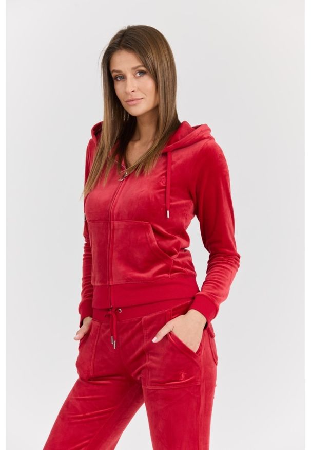 Juicy Couture - JUICY COUTURE Damska czerwona bluza Robertson Class, Rozmiar M. Typ kołnierza: kaptur. Kolor: czerwony. Materiał: poliester, elastan, materiał
