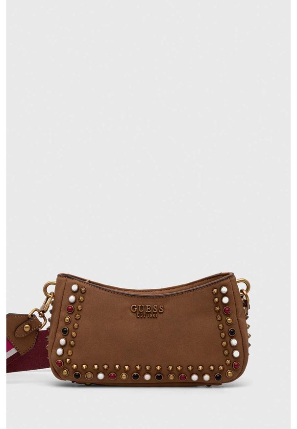 Guess torebka kolor brązowy. Kolor: brązowy. Wzór: aplikacja. Dodatki: z aplikacjami