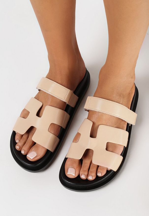 Born2be - Beżowe Klapki Wsuwane z Zapięciem na Rzep Ofiana. Okazja: na co dzień, na spacer. Kolor: beżowy. Materiał: len. Sezon: lato. Styl: casual, elegancki