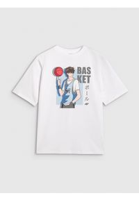 4f - 4F T-shirt oversize z nadrukiem chłopięcy - biały 164 (13-14 lat). Okazja: na co dzień. Kolor: biały. Materiał: jersey, materiał, bawełna. Wzór: nadruk. Sezon: lato. Styl: klasyczny, sportowy, casual