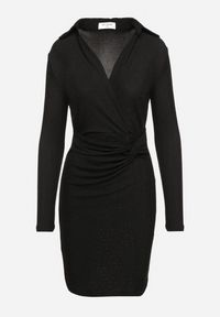 Born2be - Czarna Sukienka o Kopertowym Kroju z Gumką w Talii Paskiem i Metaliczną Nicią Miathriae. Okazja: na co dzień. Kolor: czarny. Materiał: jeans. Typ sukienki: kopertowe. Styl: elegancki, casual