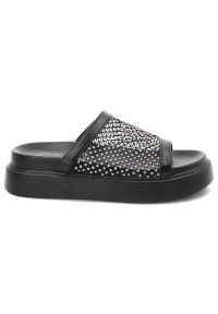 Czarne Klapki S.Barski Eleganckie Obuwie Damskie z Cyrkoniami. Okazja: na imprezę, na spacer. Kolor: czarny. Wzór: aplikacja. Sezon: lato. Obcas: na platformie. Styl: elegancki #5