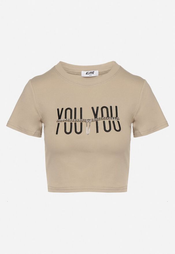 Born2be - Ciemnobeżowy Bawełniany T-shirt z Napisem i Łańcuchem Olimelia. Kolor: beżowy. Materiał: bawełna. Wzór: napisy
